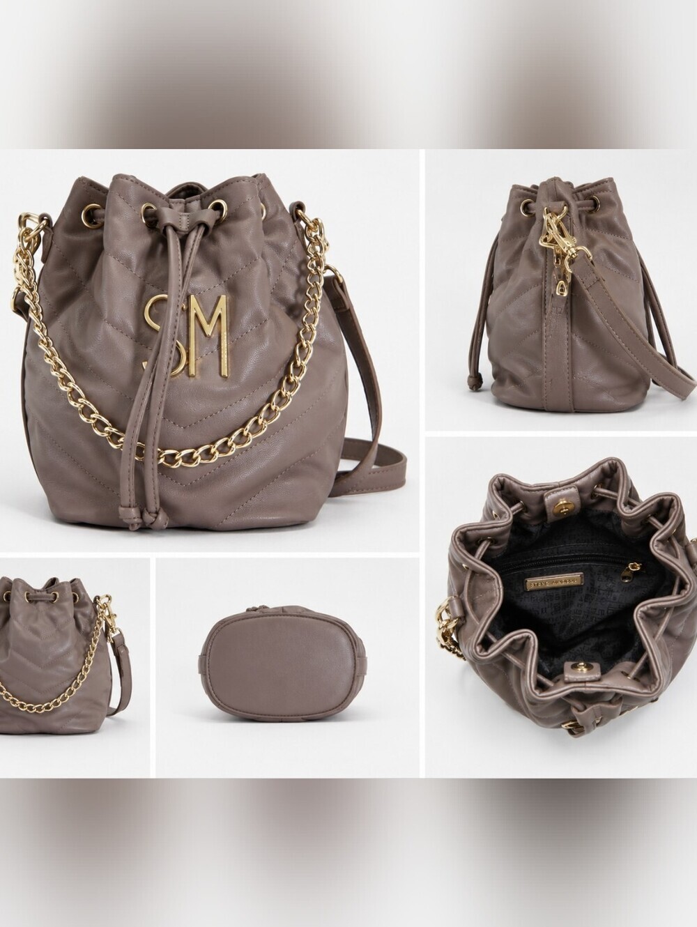 Steve Madden SM Quilted Drawstring Bucket Bag Taupe Crossbody Gold Chain
